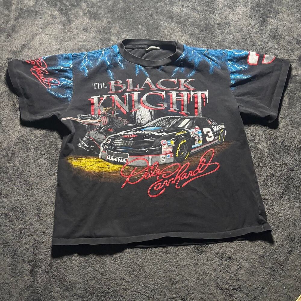 Vintage 90s Dale Earnhardt Black Knight AOP NASCAR Lightning Tee XL USA